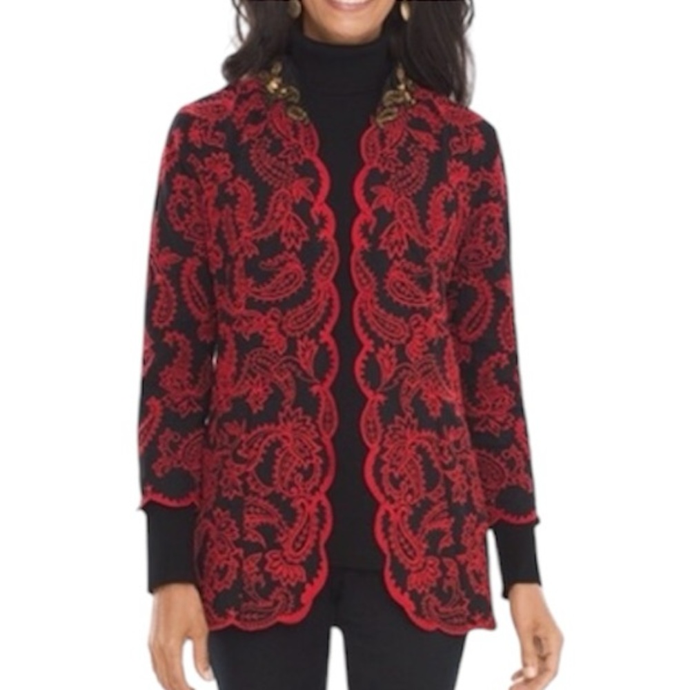 Chico's Women Red and Black Embroidered Paisley Jacket NWT